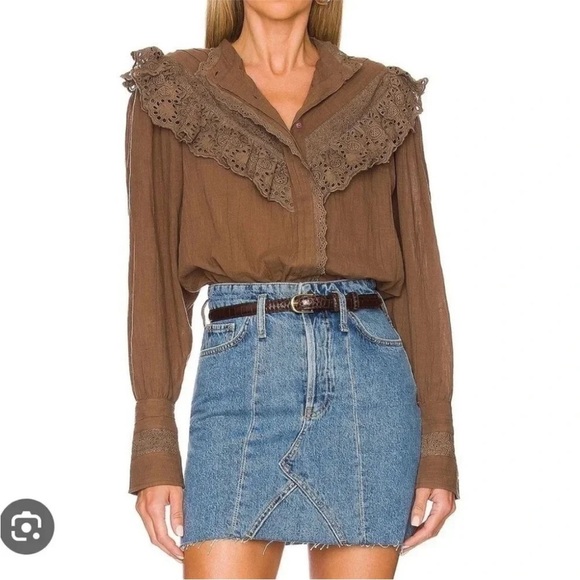 New Free People Hit The Road Brown Button Down Cotton Top Country Ruffles Small - Picture 6 of 13